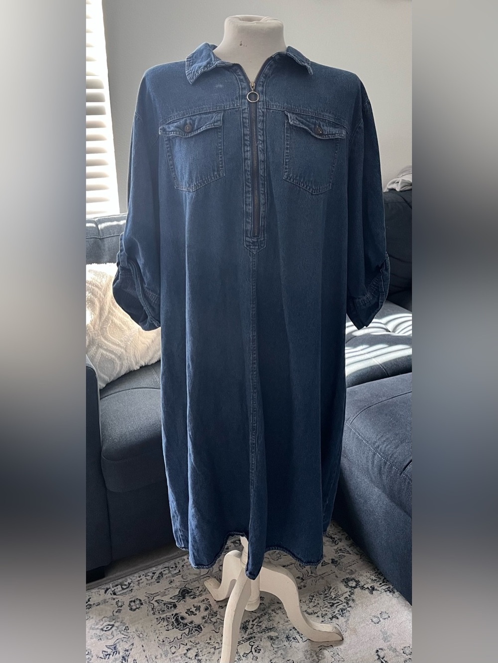 Medium Wash Denim Midi Dress with Front Half Zip
